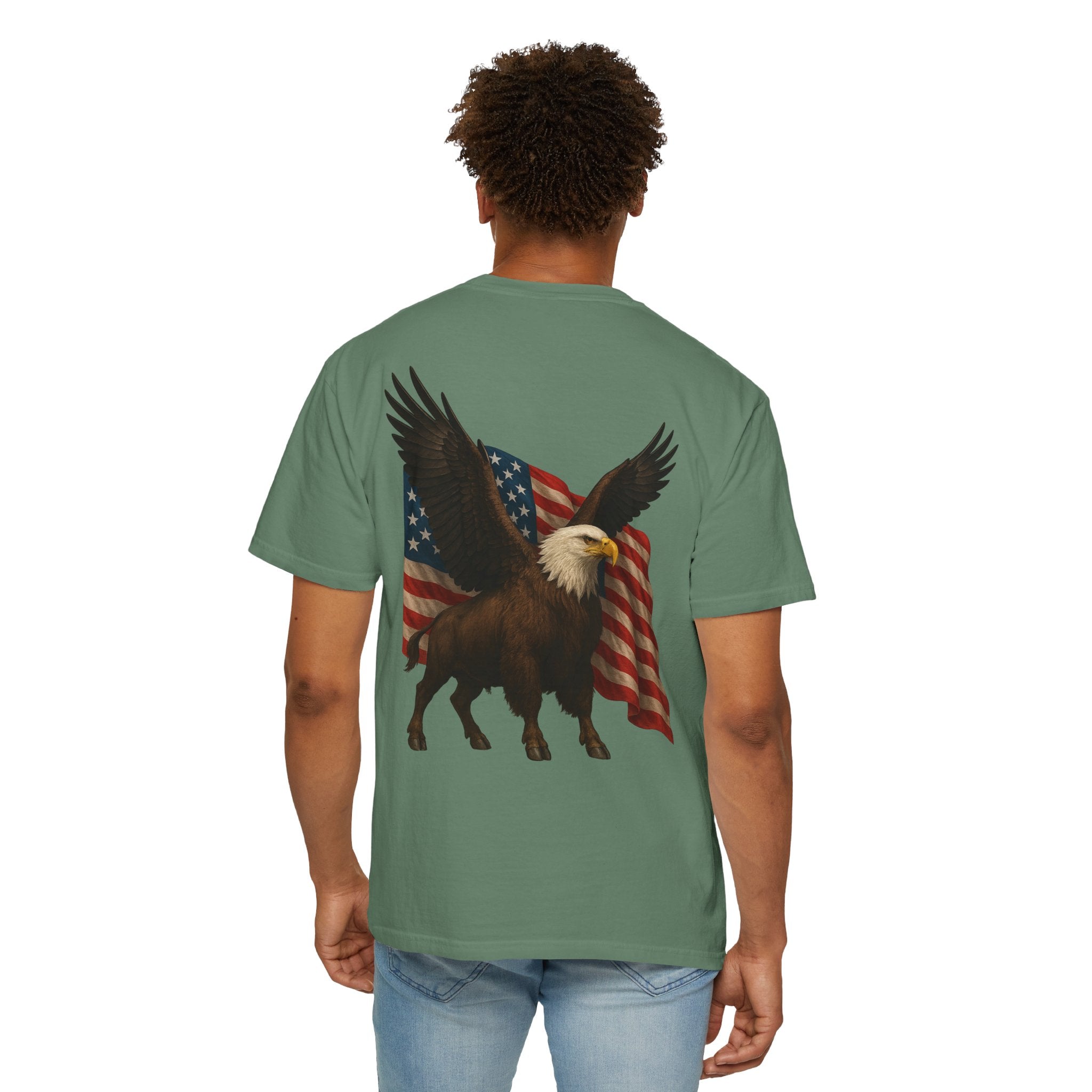 Patriotic Eagle Bison T Shirt American Flag Front Print USA Symbol Graphic Tee