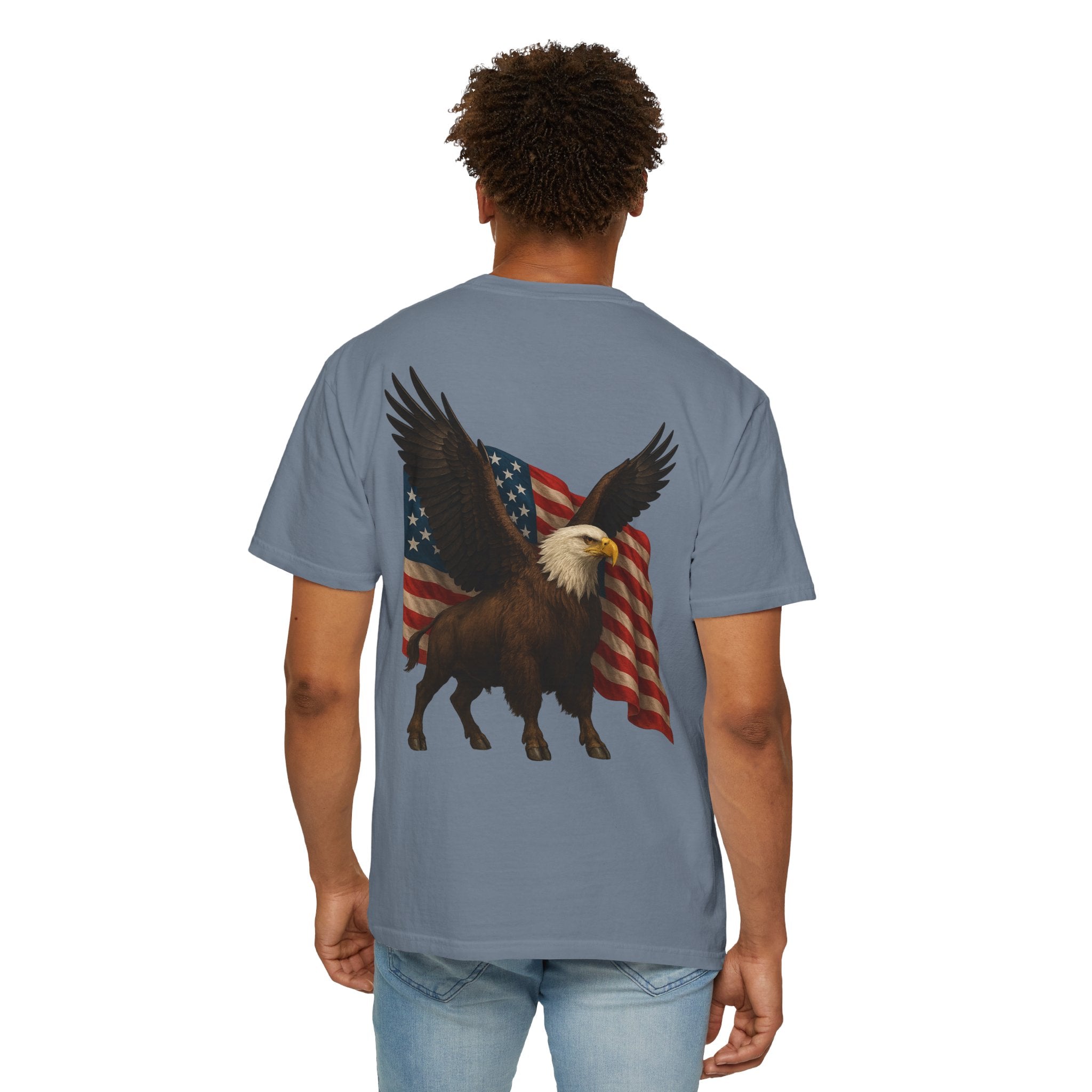 Patriotic Eagle Bison T Shirt American Flag Front Print USA Symbol Graphic Tee