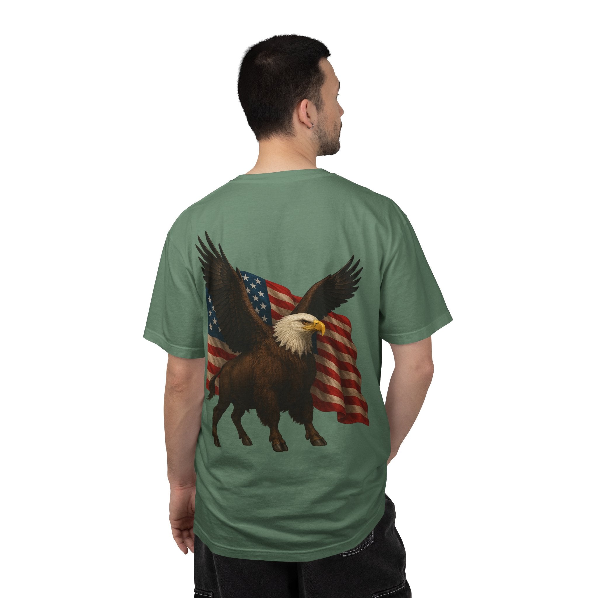 Patriotic Eagle Bison T Shirt American Flag Front Print USA Symbol Graphic Tee