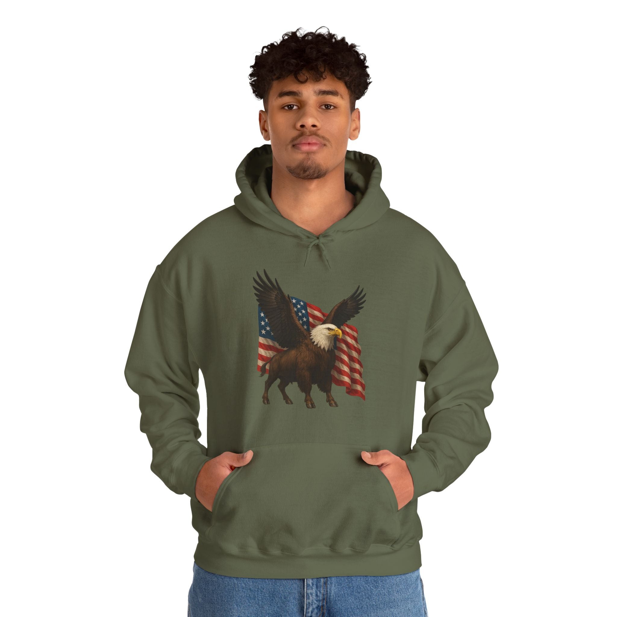 Patriotic Eagle Bison Hoodie, USA Pride Pullover