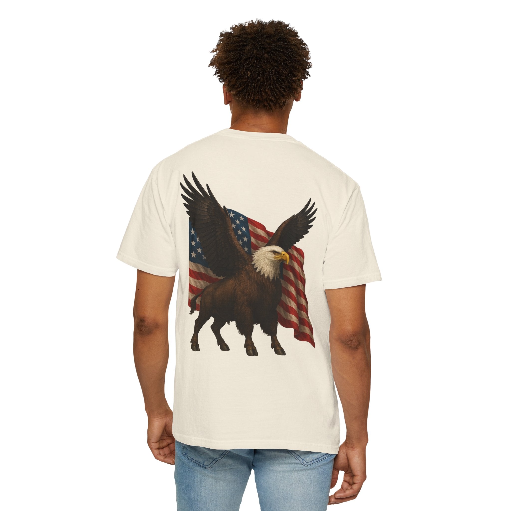 Patriotic Eagle Bison T Shirt American Flag Front Print USA Symbol Graphic Tee