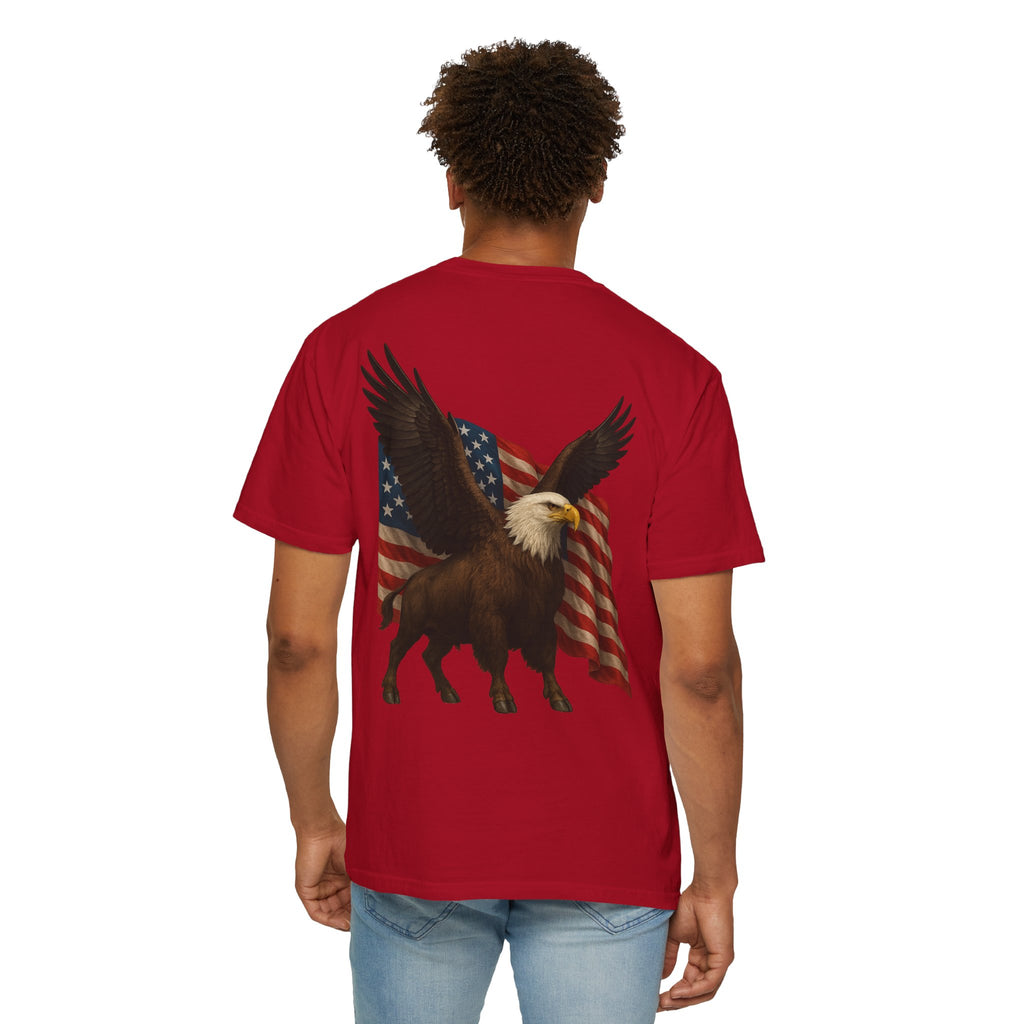 Patriotic Eagle Bison T Shirt American Flag Front Print USA Symbol Graphic Tee
