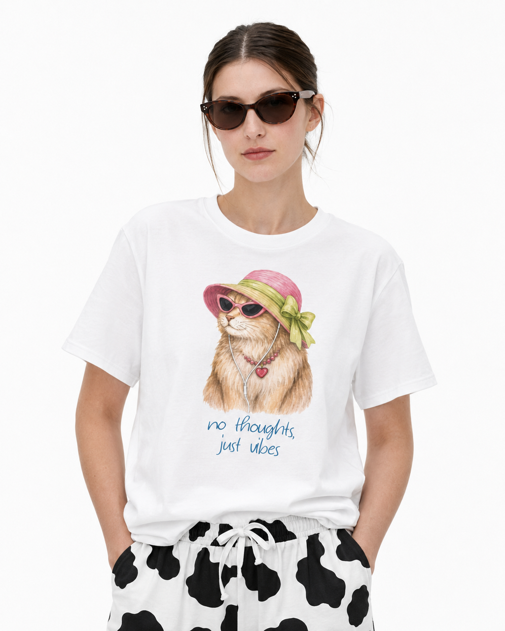 No Thoughts Just Vibes, Cute Retro Cat Tee