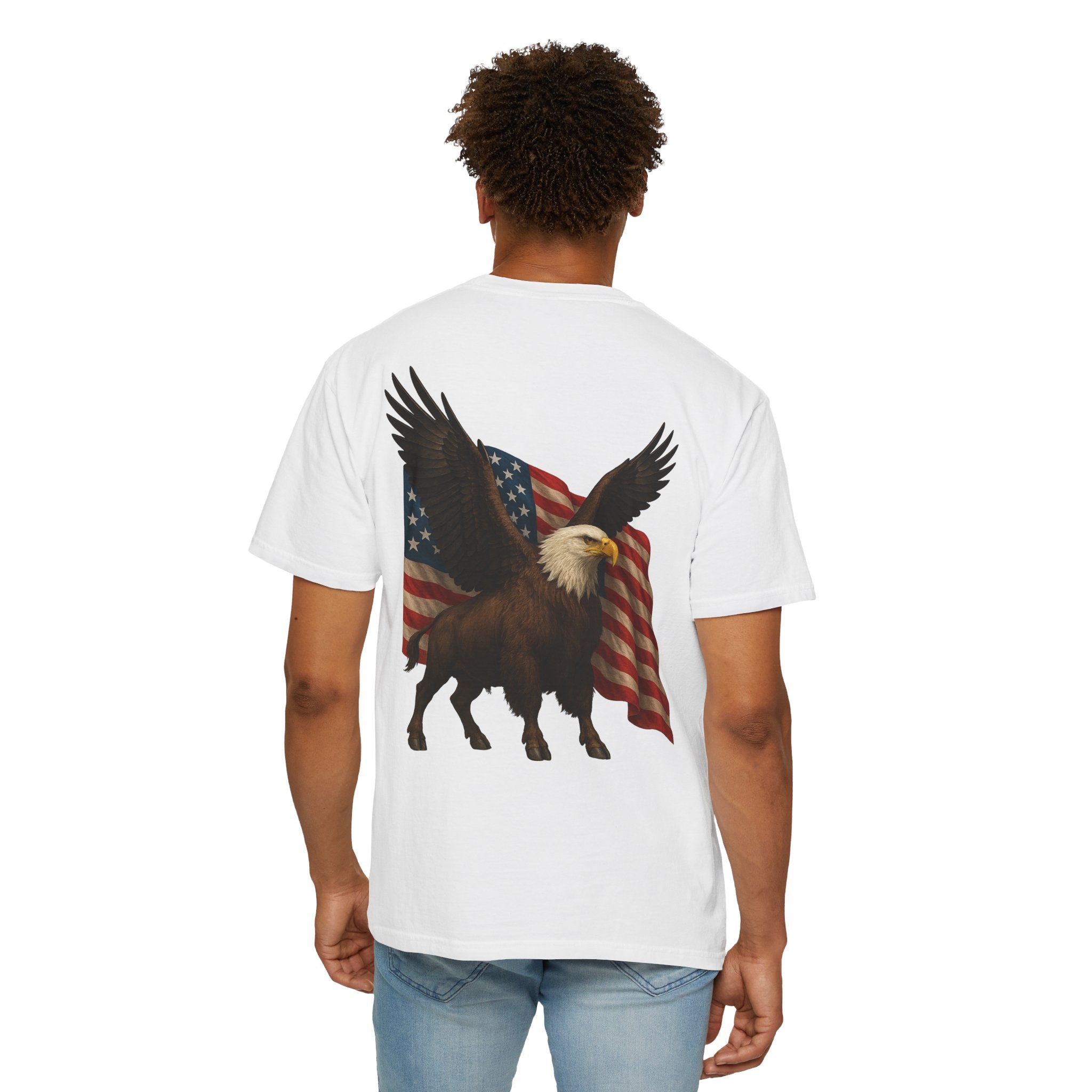 Patriotic Eagle Bison T Shirt American Flag Front Print USA Symbol Graphic Tee