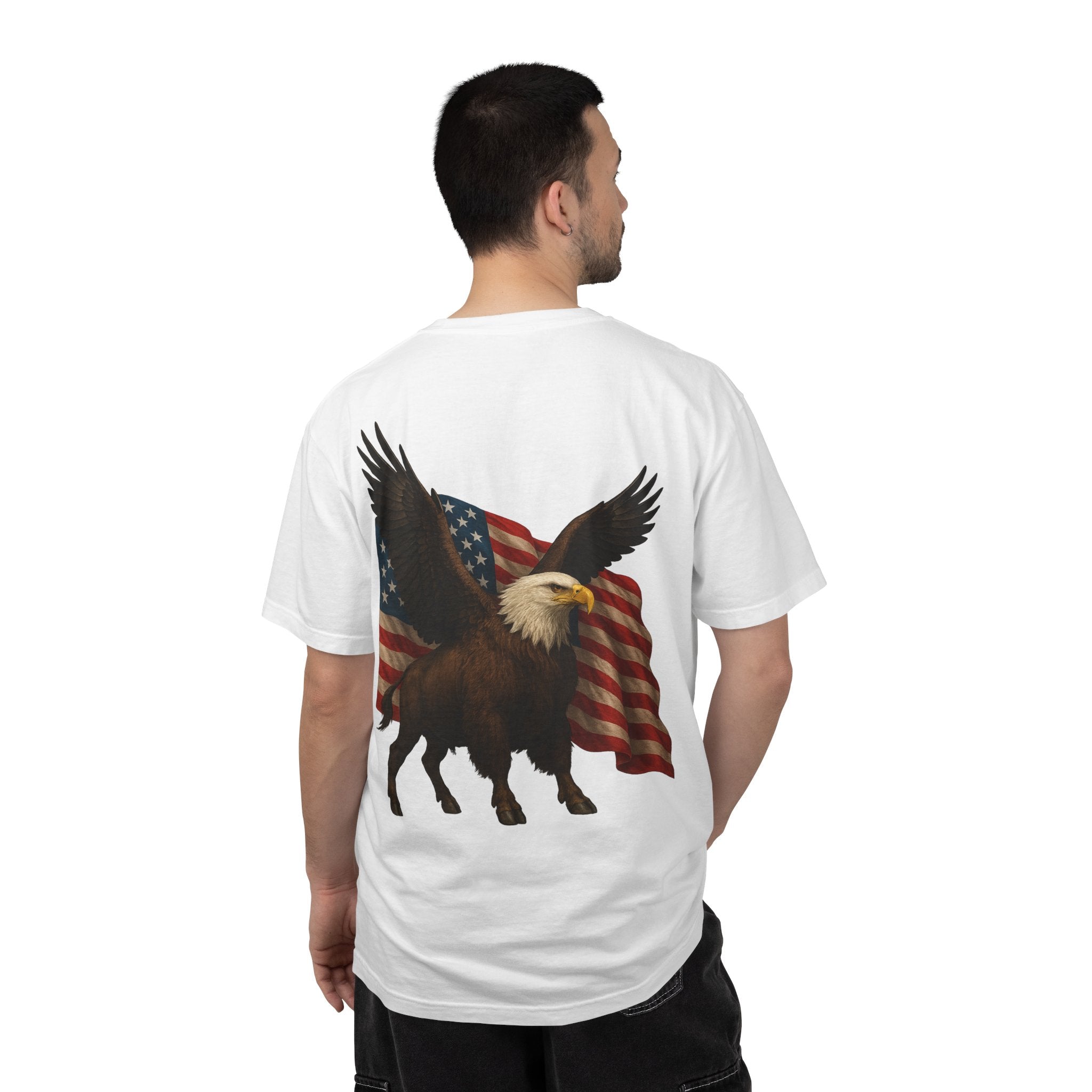Patriotic Eagle Bison T Shirt American Flag Front Print USA Symbol Graphic Tee
