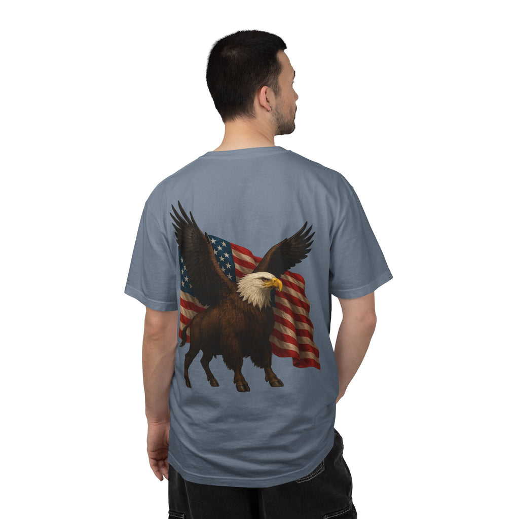 Patriotic Eagle Bison T Shirt American Flag Front Print USA Symbol Graphic Tee