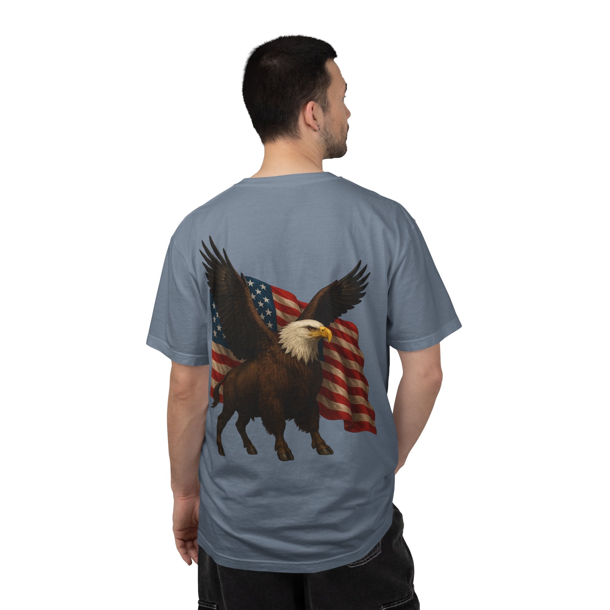 Patriotic Eagle Bison T Shirt American Flag Front Print USA Symbol Graphic Tee