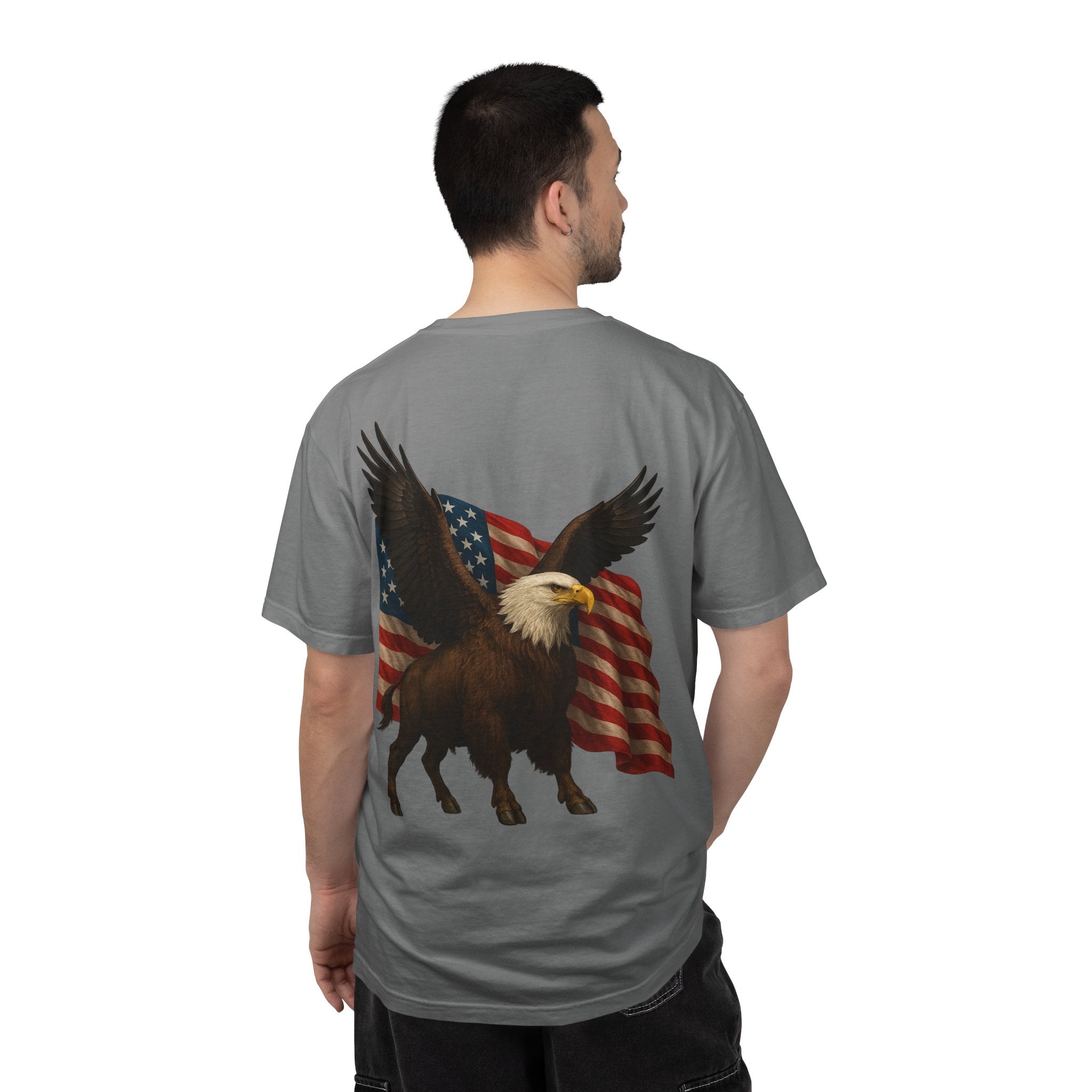 Patriotic Eagle Bison T Shirt American Flag Front Print USA Symbol Graphic Tee