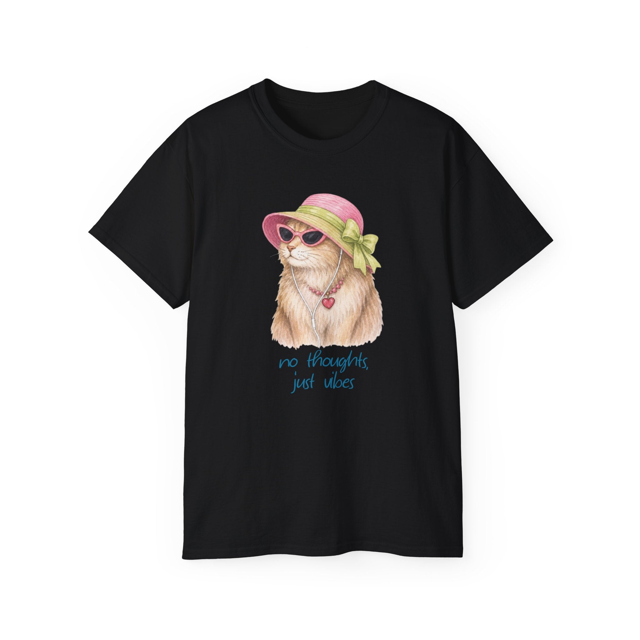 No Thoughts Just Vibes, Cute Retro Cat Tee
